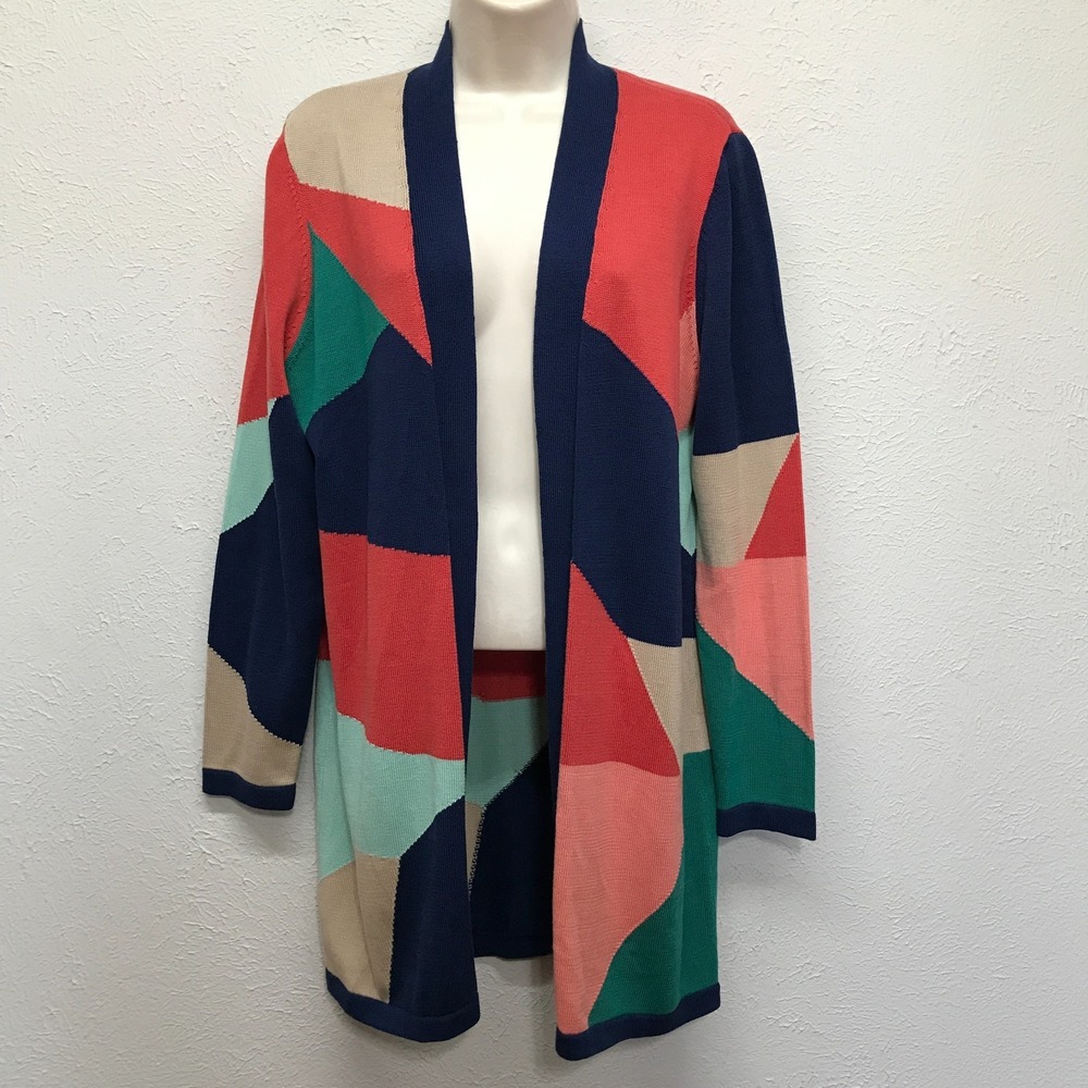 Chicos Colorblock Cardigan Sweater 1 Womens Medium Open Front Duster Cotton Knit